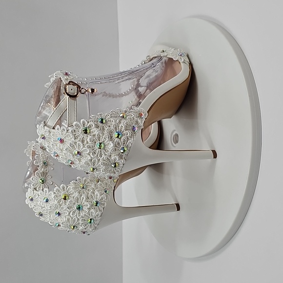Crystal Queen White Lace Pearl Wedding Heels Bridal Sandals 41 Floral Stiletto - Picture 6 of 15